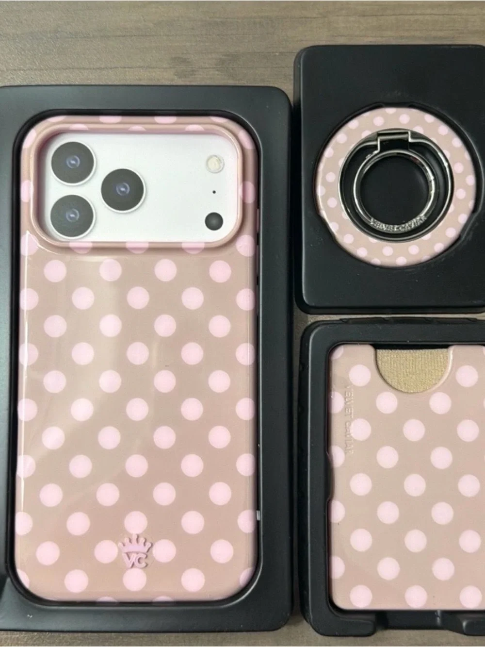 Velvet Caviar Pink Polka Dot Phone Case with Ring and Card Pocket